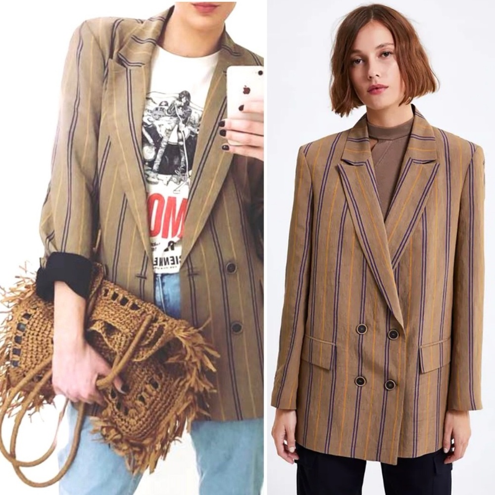Zara Women’s XS Brown Blue Yellow Striped Double Breasted Longline Blazer Jacket